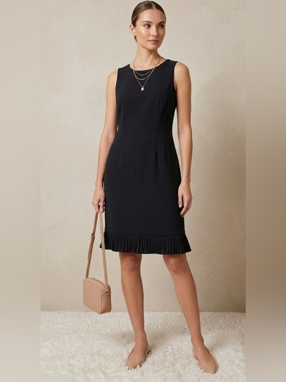 Navy Sleeveless Pleated-Hem Sheath Dress